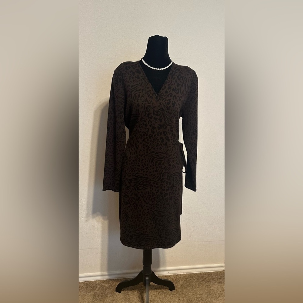 Nina Leonard Chocolate Animal Print Long Sleeve Dress